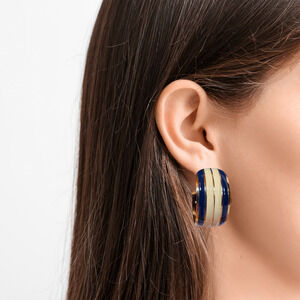 Navy Blue White Gold Tone Earrings Statement Stripe Hoops Nautical Vintage 70s